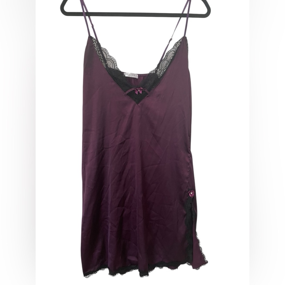 EKOUAER Slip Chemise – Purple Satin, Lace Trim, Adjustable Straps, L